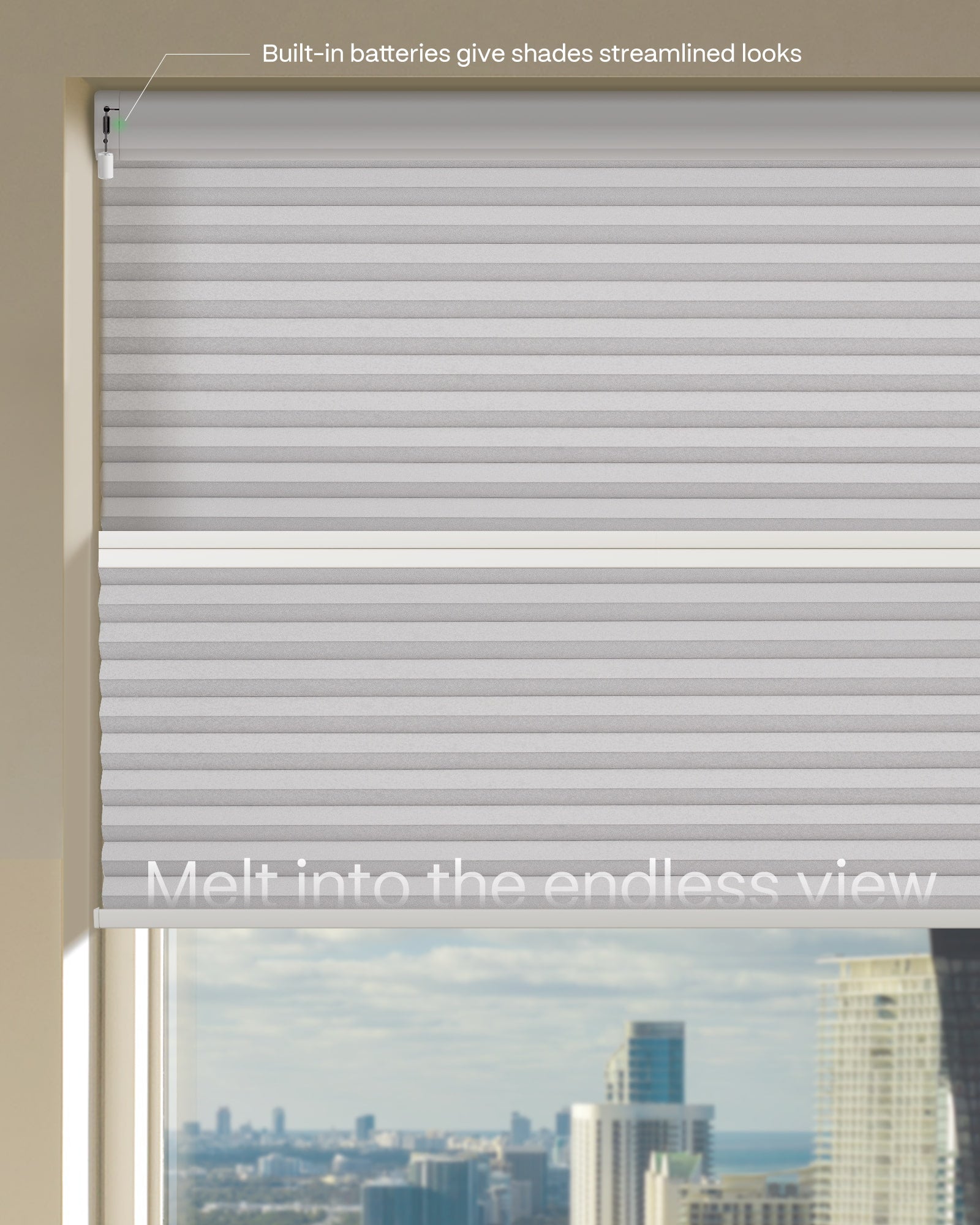 Window with motorized blinds showing a cityscape view