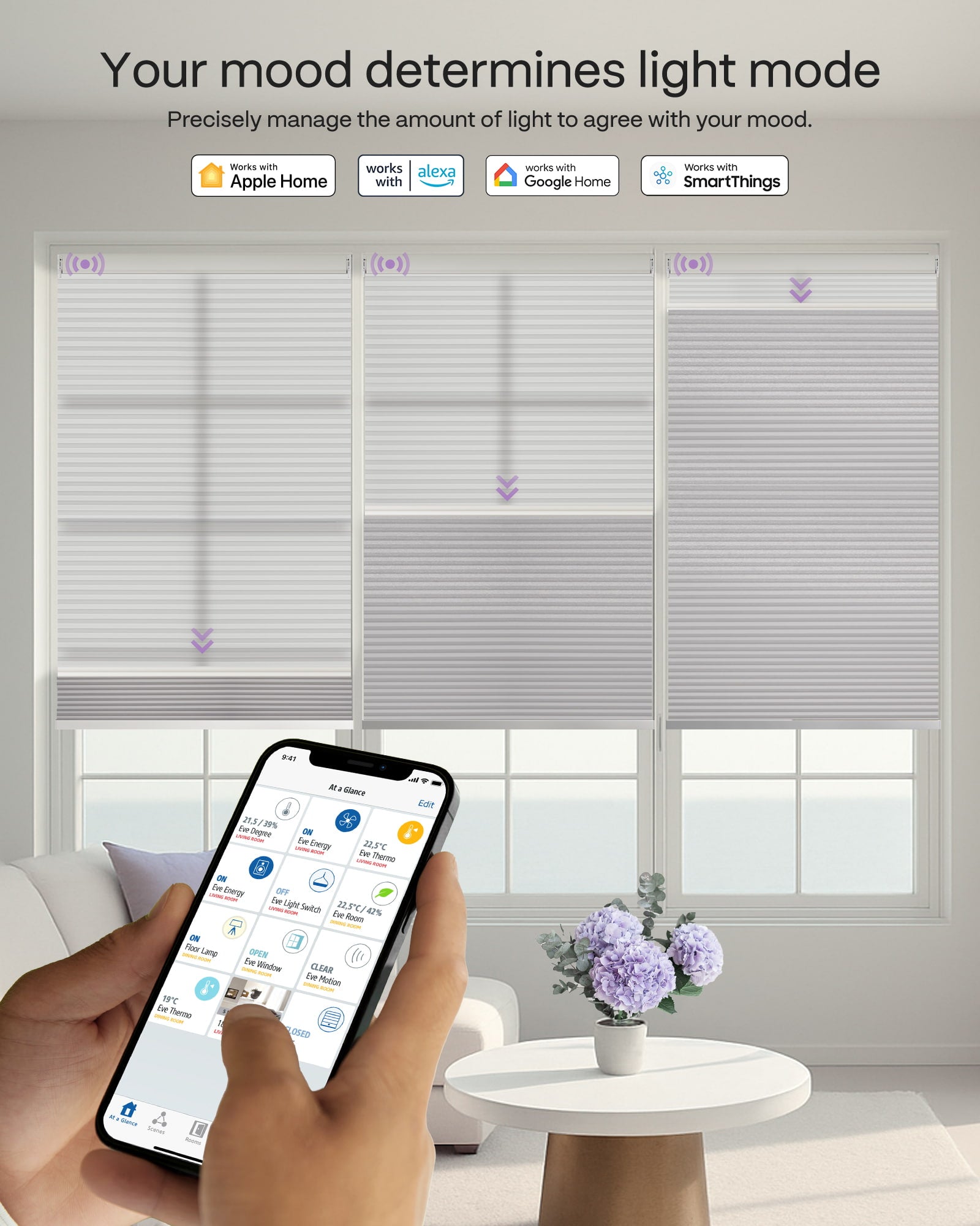 Smart blinds with smartphone control in a living room setting