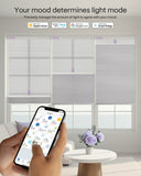 Smart blinds with smartphone control in a living room setting
