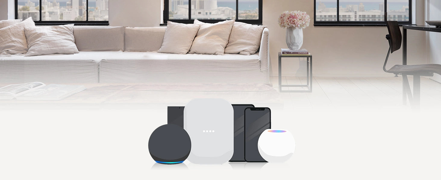 Smart home devices on a coffee table with a modern living room in the background