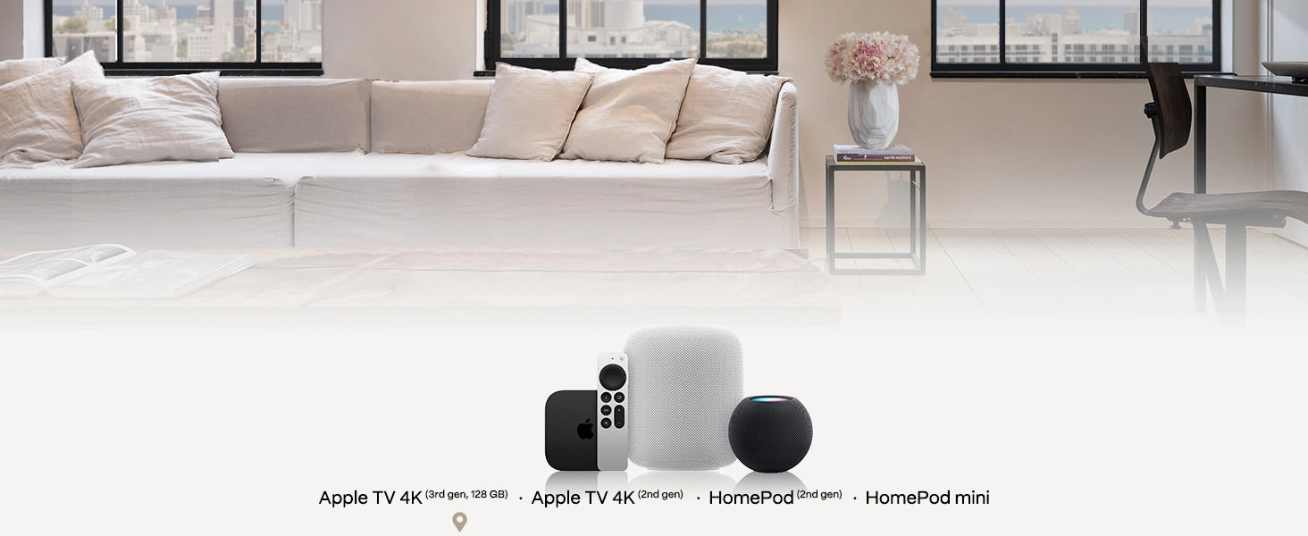Smart apple devices on a coffee table with a modern living room in the background