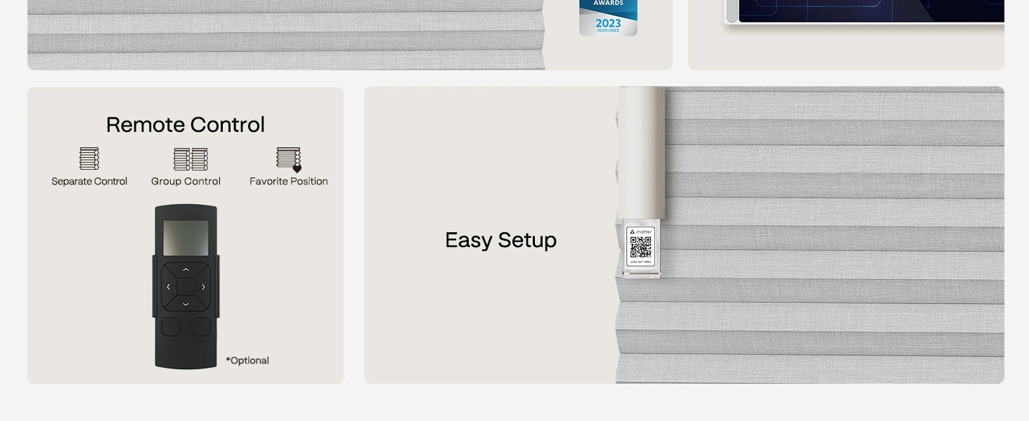 Smart window blind system with remote control and setup instructions on a white background