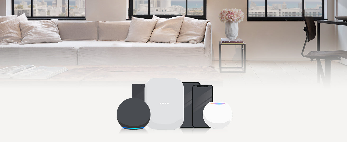 Smart home devices on a white surface with a cityscape in the background