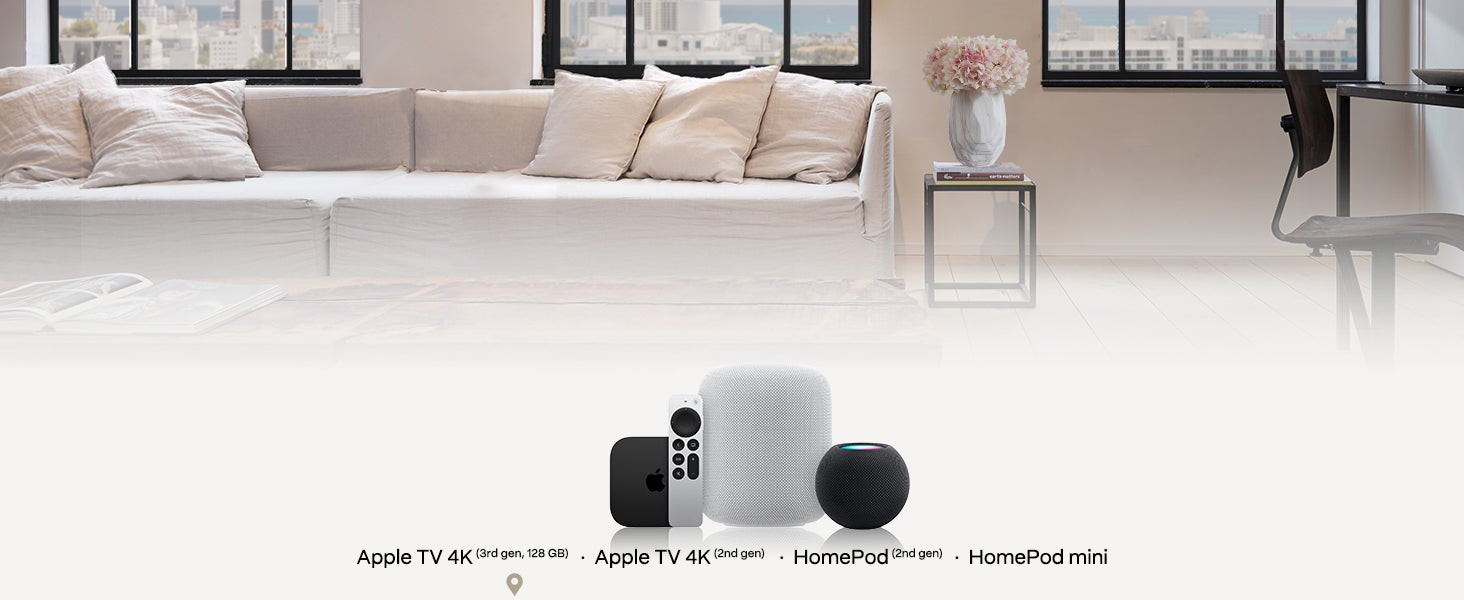 Living room with Apple devices on a white floor, including Apple TV 4K, HomePod, and HomePod mini.