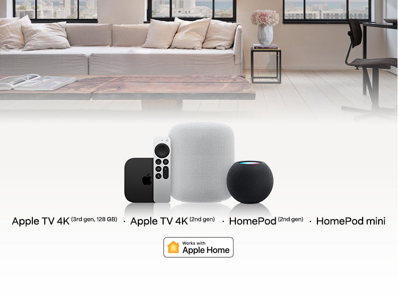 Apple TV 4K, HomePod, and HomePod mini displayed in a modern living room setting.