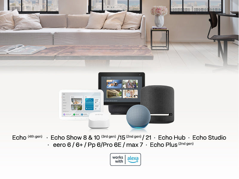 Smart Alexa devices in a living room setting.