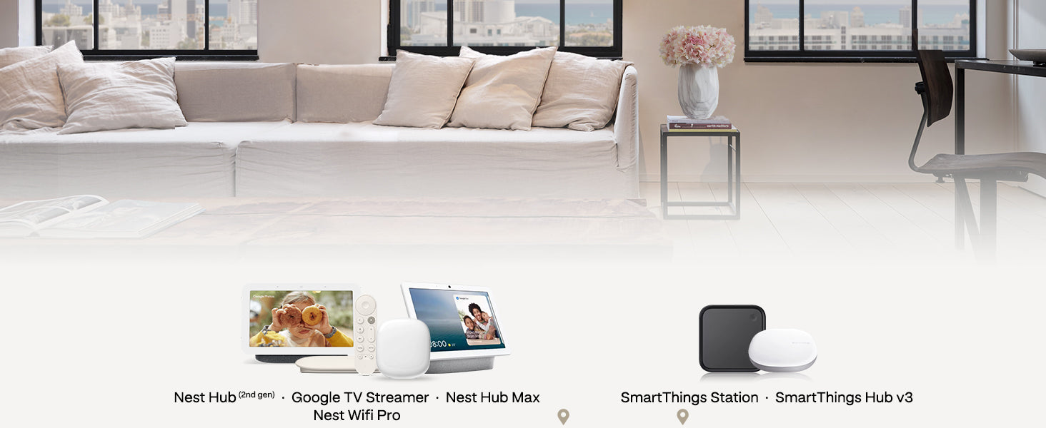 Google and Samsung Smart home devices on a coffee table in a modern living room