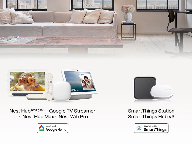 Smart home devices including Nest Hub, Google TV Streamer, and SmartThings products in a living room setting.