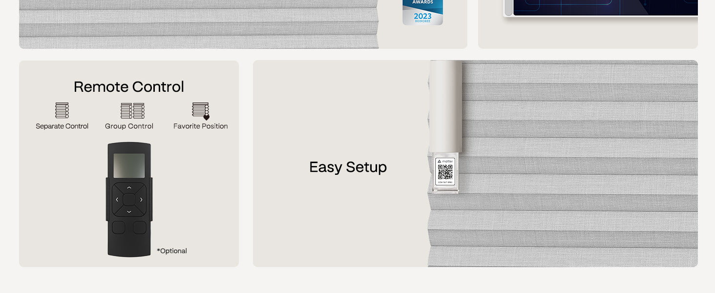 Smart window blind system with remote control and setup instructions on a white background