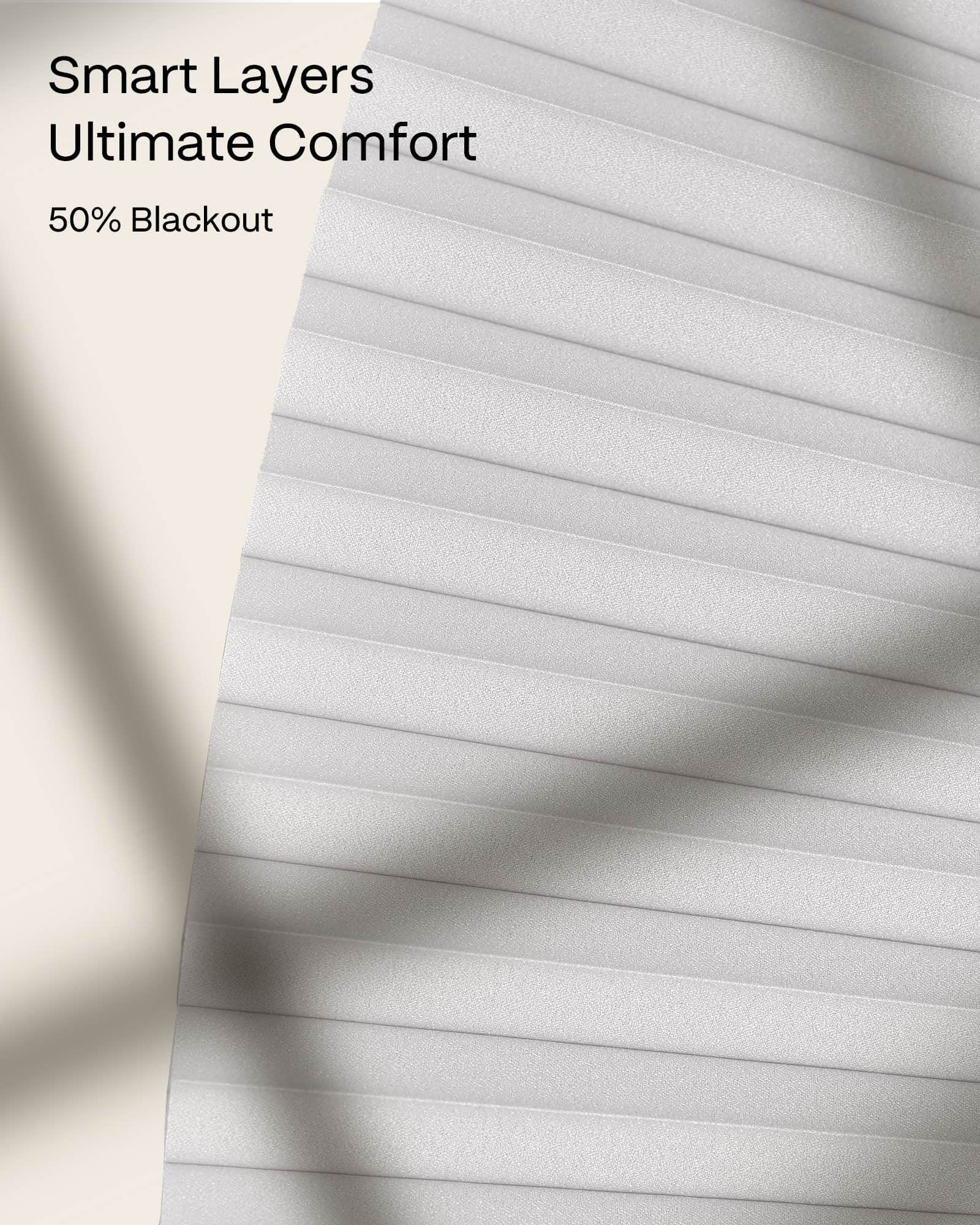 Textured fabric with 'Smart Layers Ultimate Comfort' and '50% Blackout' text.