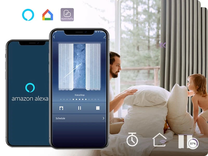 Smart home control app on a smartphone with Amazon Alexa logo, showing a man and child in a bedroom.