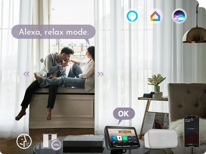 Living room with a couple sitting on a window ledge, smart home devices, and a smartphone.