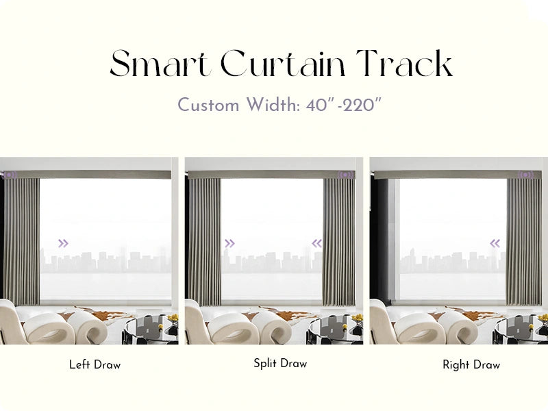 Smart curtain track system with three window treatments on a white background