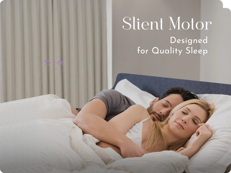 Two people lying in bed with the text 'Slient Motor Designed for Quality Sleep' above them.