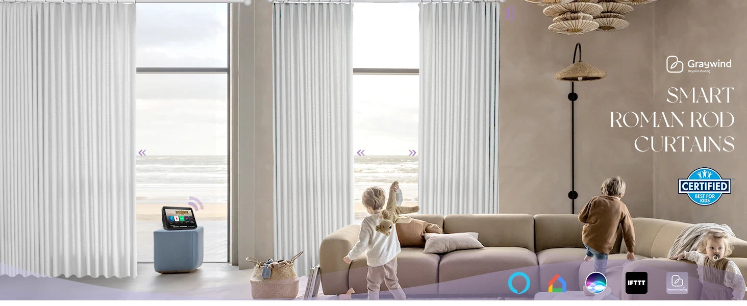 Smart curtain system with children playing in a modern living room, featuring the Graywind brand.