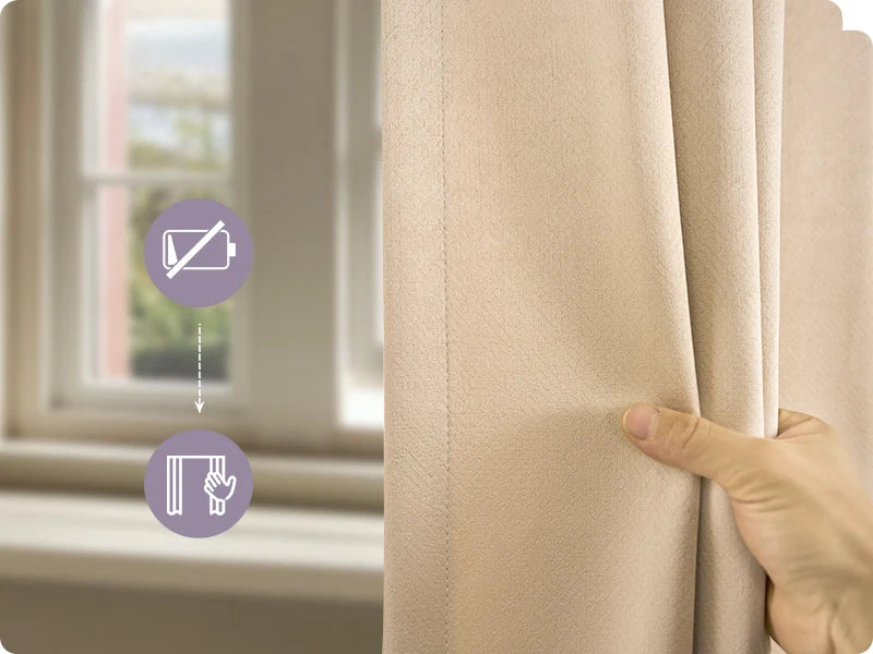 Beige curtain being pulled aside with icons indicating battery life and hand gesture.