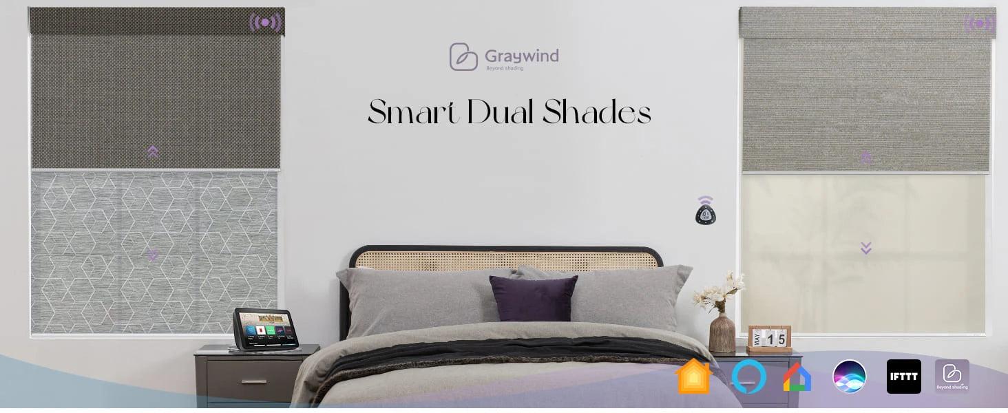 Smart Dual Shades with Gravwind branding on a bedroom wall.