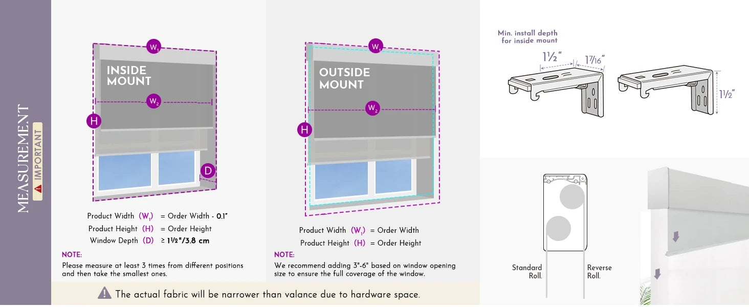 Measurement guide for Dual Roller Shades with diagrams and text.