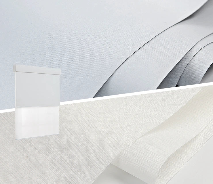 Double roller shades swatch on a wooden surface