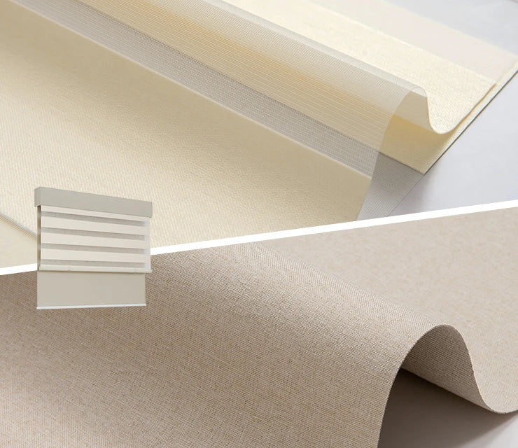 Roller shades and zebra blinds swatch on a wooden surface