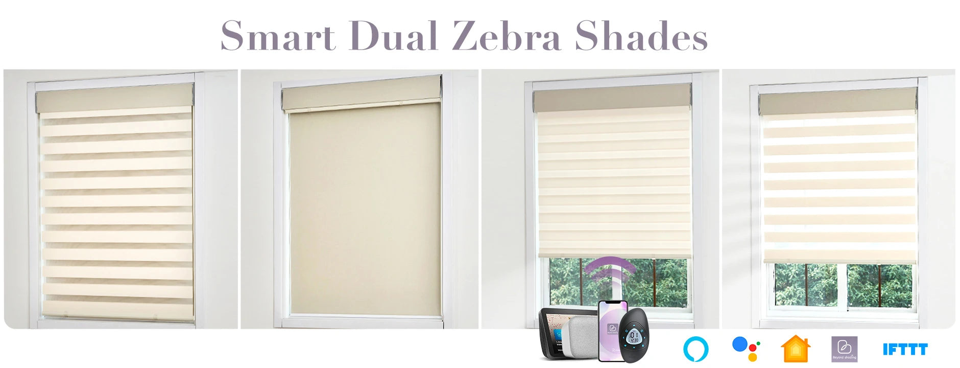 Smart dual zebra shades with a control panel and icons on a white background