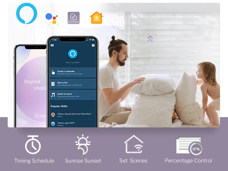 Smart home control interface with smartphone app, man and child in bedroom, and icons for timing schedule, sunrise sunset, set scenes, and percentage control.