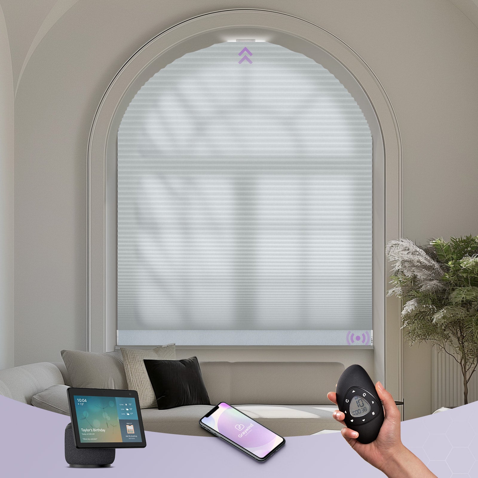 Smart window blinds with control devices on a bed and couch