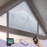 Smart window control system with smartphone app, remote control, and tablet on a modern interior background.