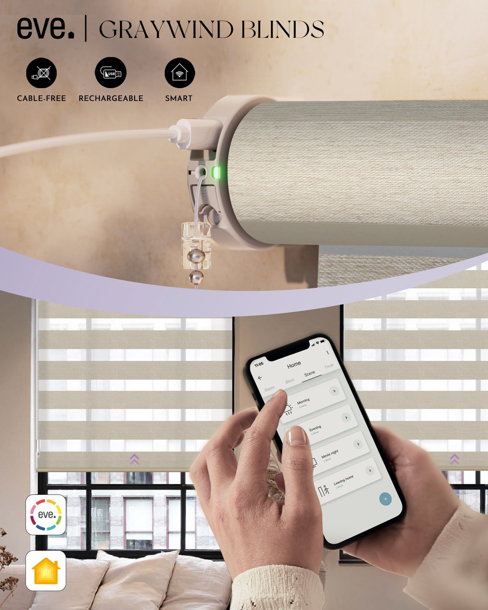 Graywind Smart EVE-HomeKit Motorized Zebra Blinds