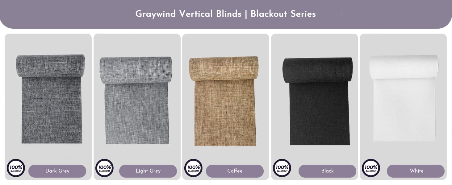 Graywind Veitical Blinds Blackout Series Swatches.