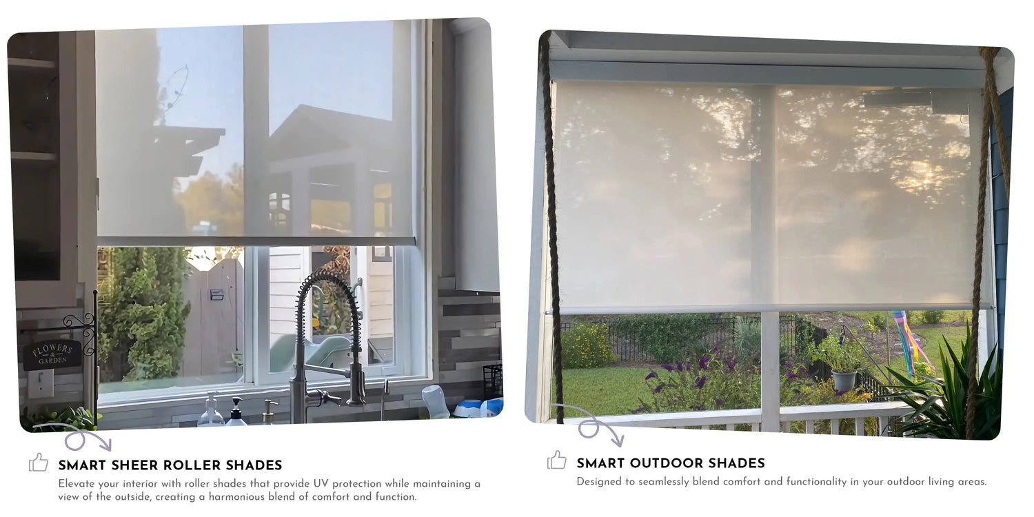 Smart outdoor shades with a view of a house and garden.