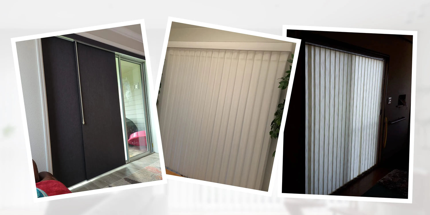 Collage of three images showing vertical blinds in different settings.