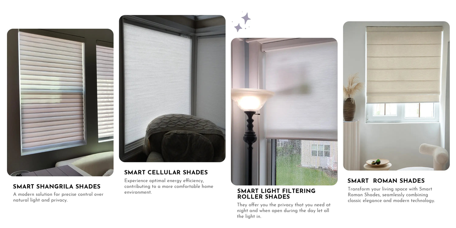 Various types of smart window shades displayed on a white background.