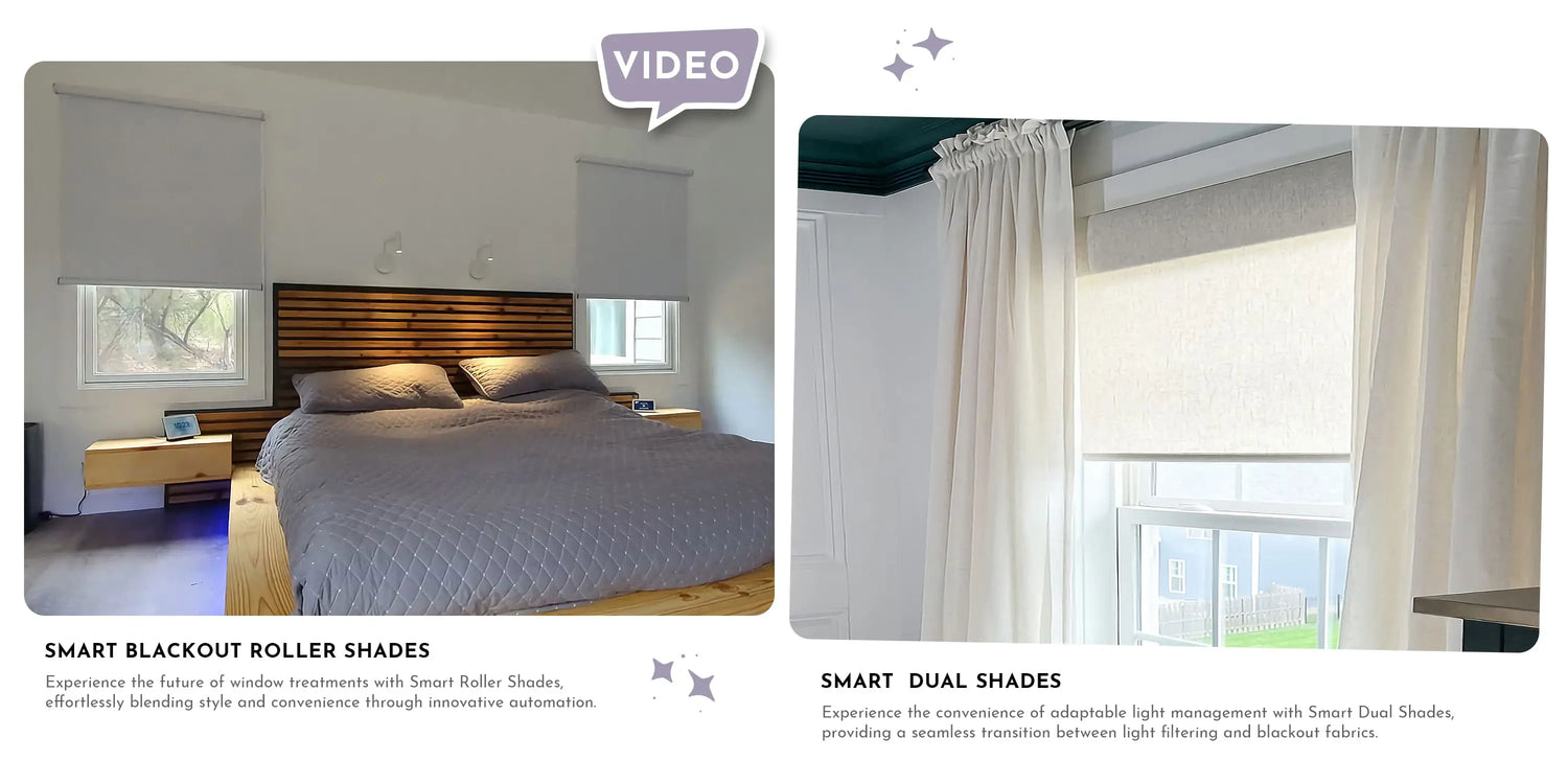 Two images showing smart blackout roller shades and smart dual shades in a bedroom setting.