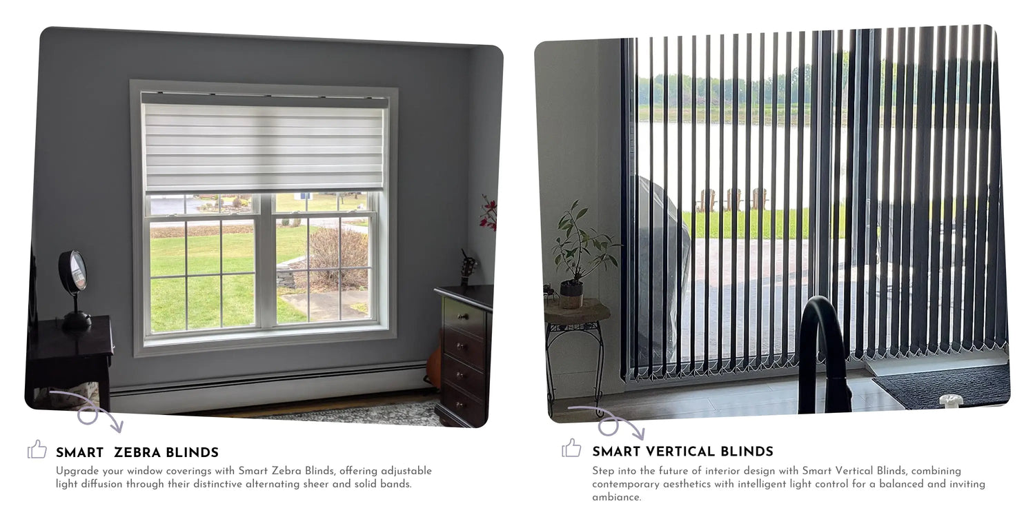 Smart zebra blinds and vertical blinds transforming a window view from obstructed to clear.