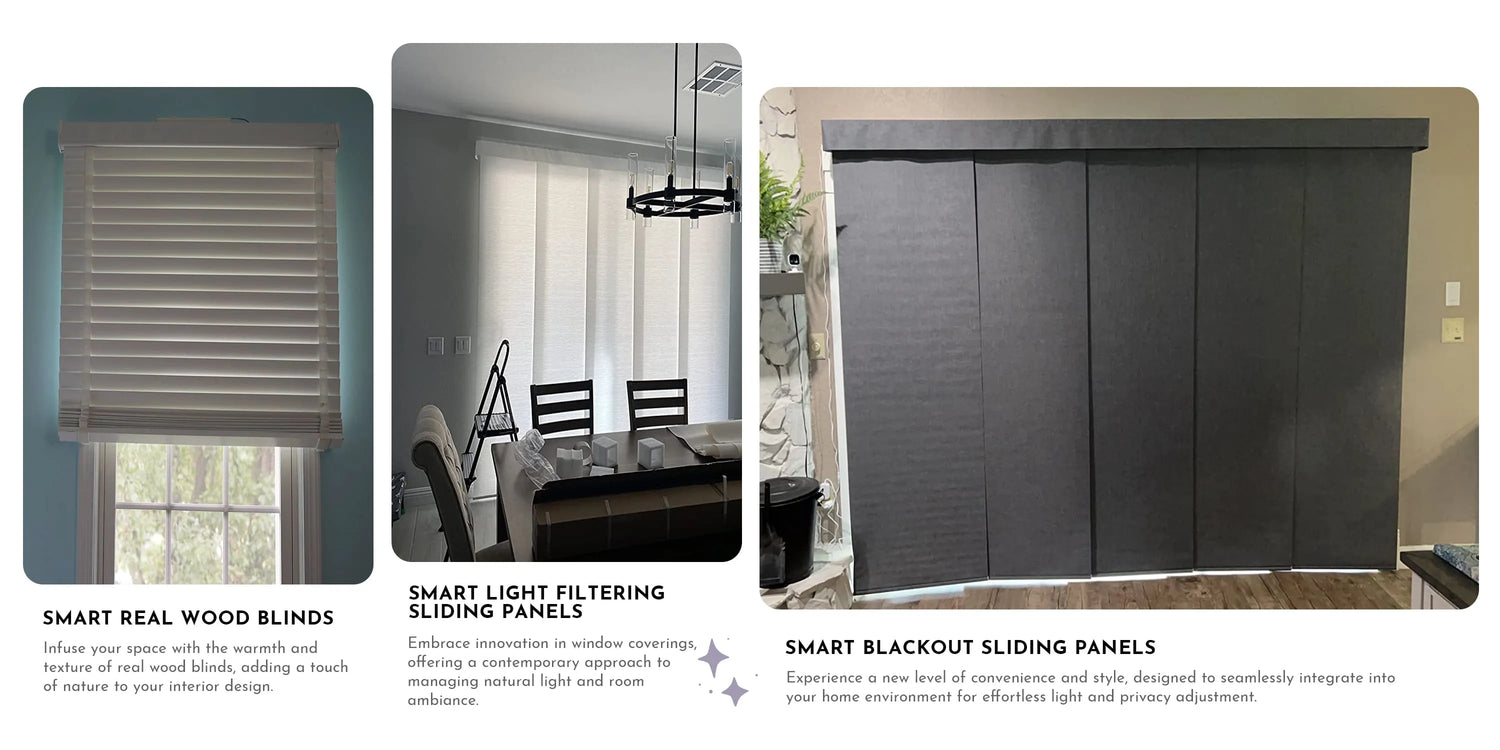 Collage of smart window treatments including real wood blinds, light filtering sliding panels, and blackout panels.