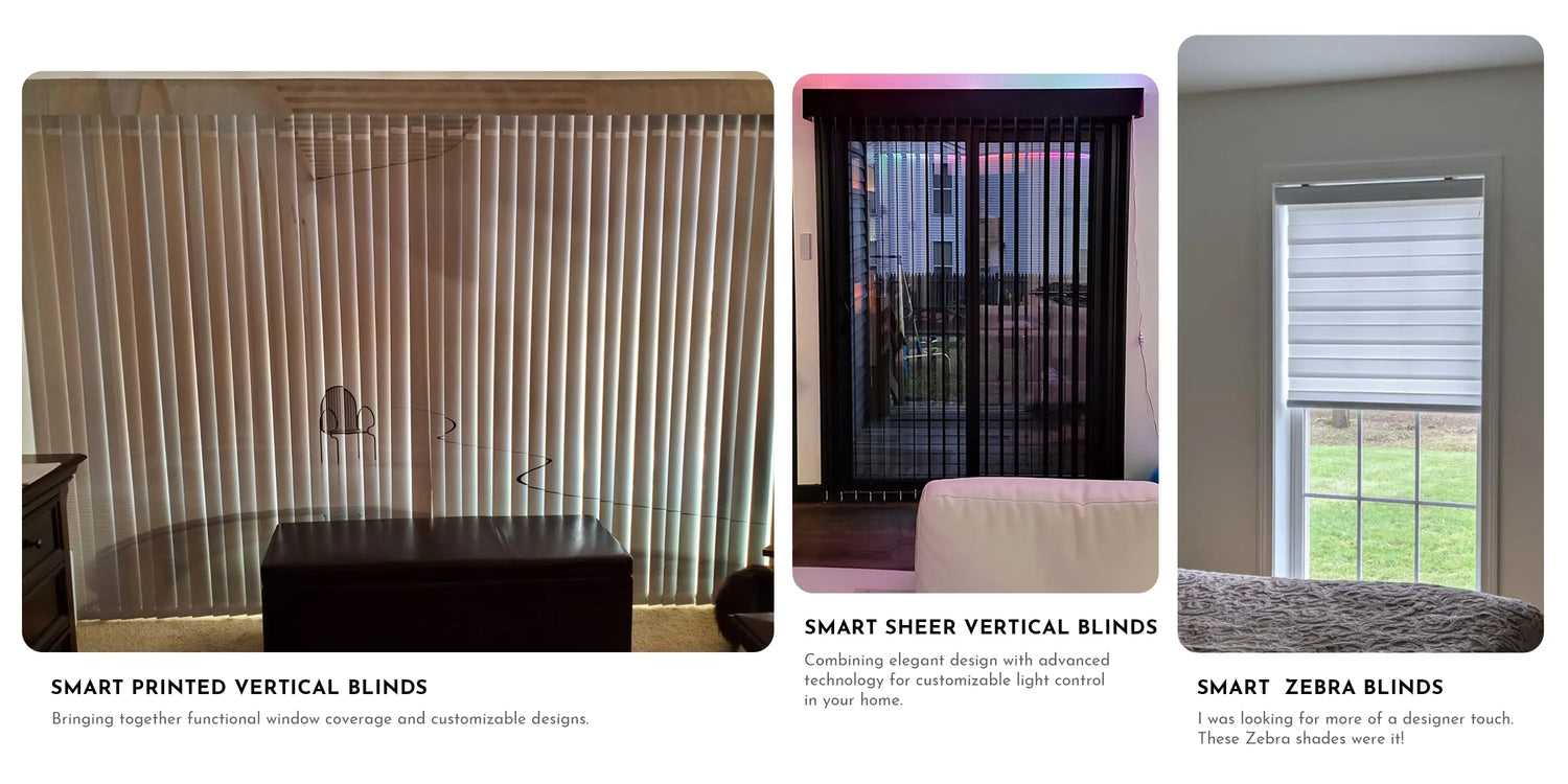 Three different types of smart blinds displayed in various settings.