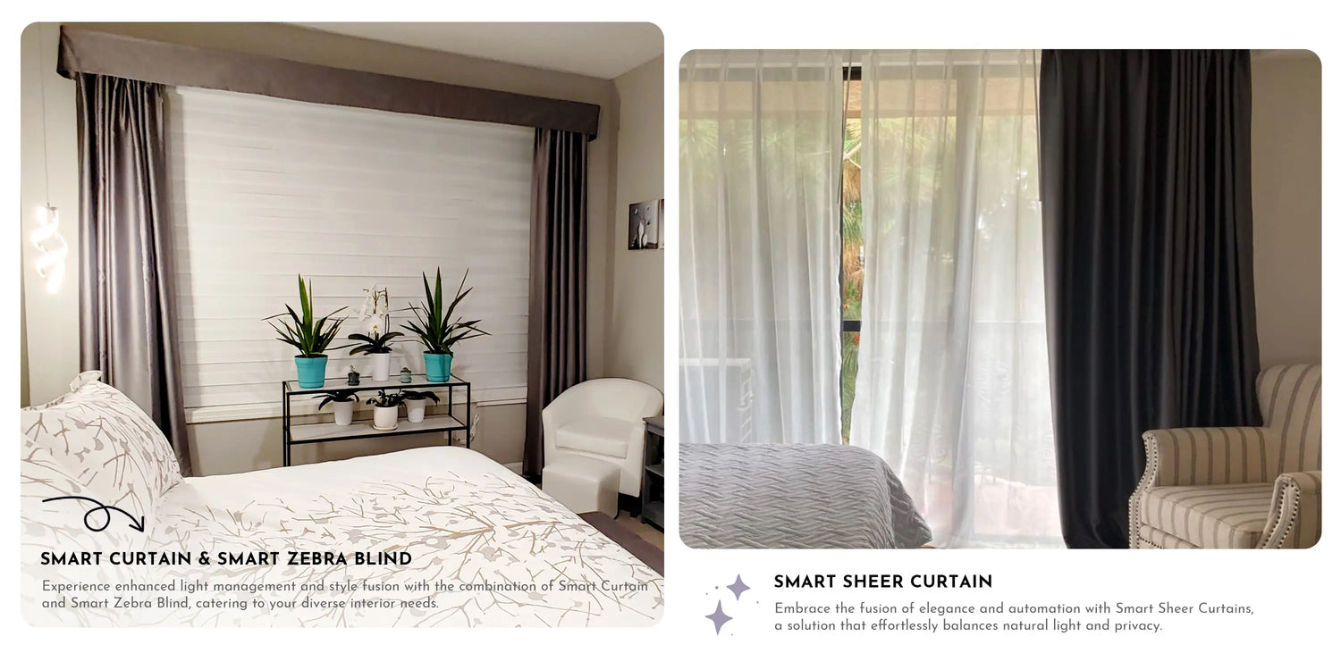Two images of curtains and zebra blinds in a bedroom setting with text describing smart curtain and sheer curtain options.