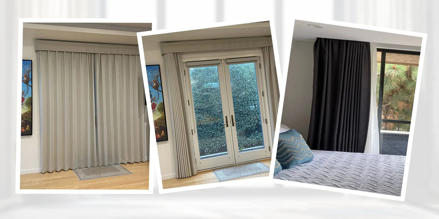 Collage of three scenes showing curtains and window treatments in different settings.