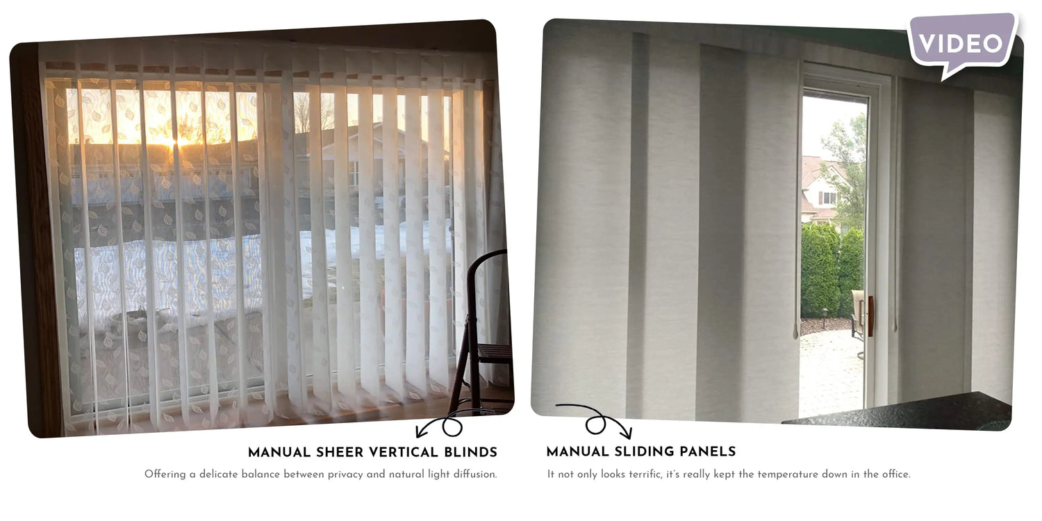 Two images showing manual sheer vertical blinds and sliding panels with text and a video icon.