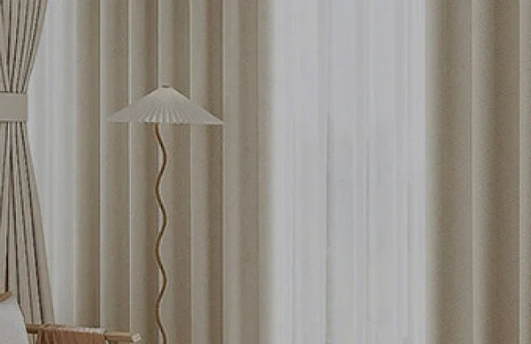 Striped wallpaper with a lamp and curtains in a room setting
