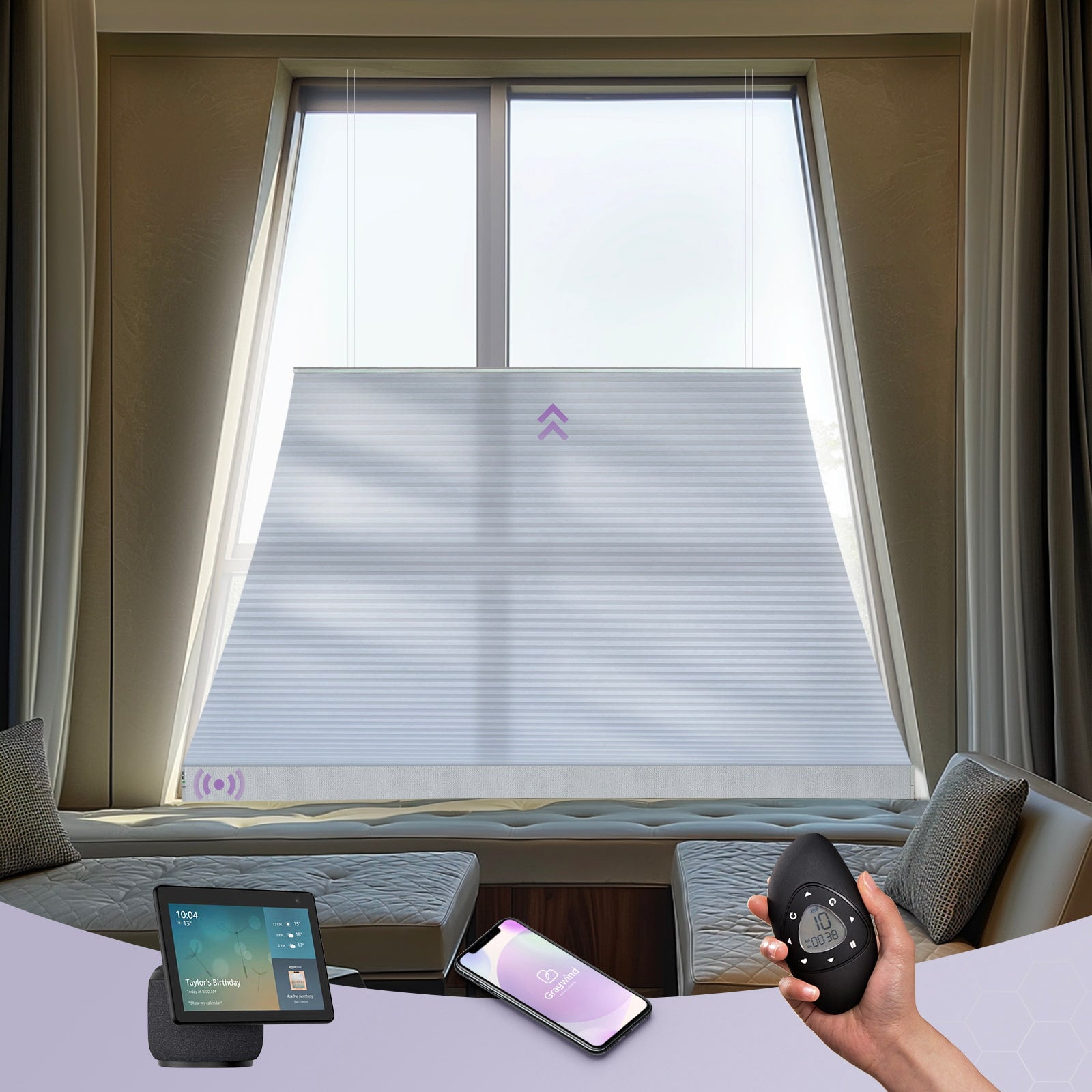 Smart window blind control system with smartphone app and remote control in a living room setting.