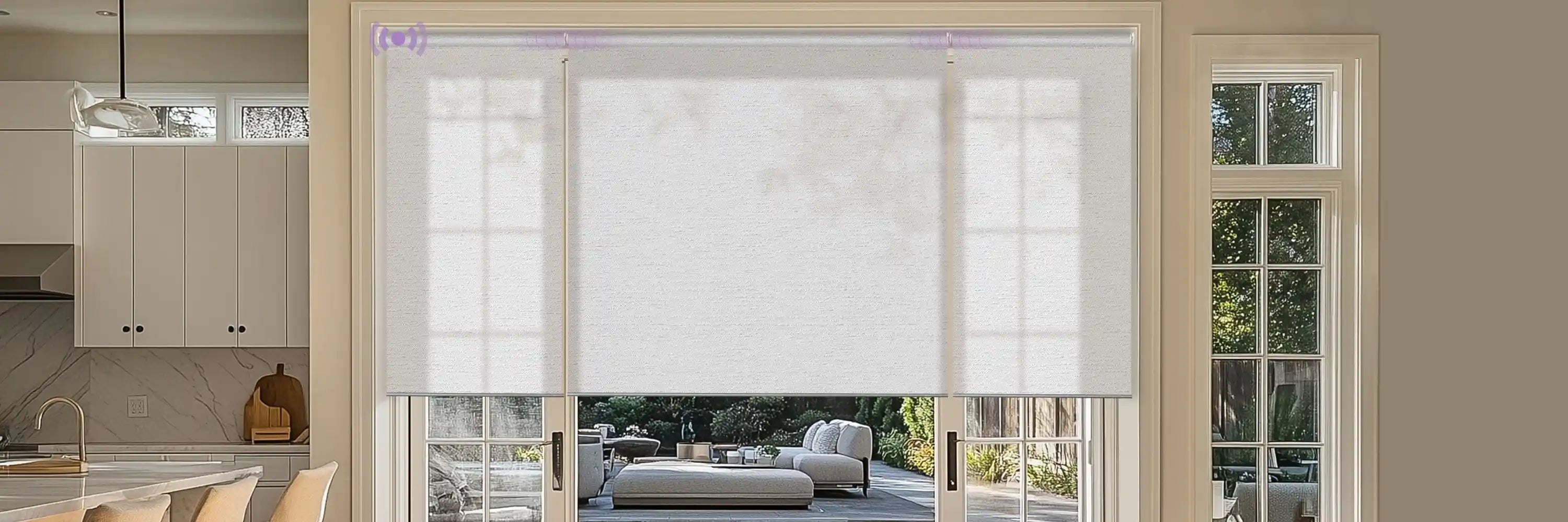 A large floor-to-ceiling windows with coupled roller shades.