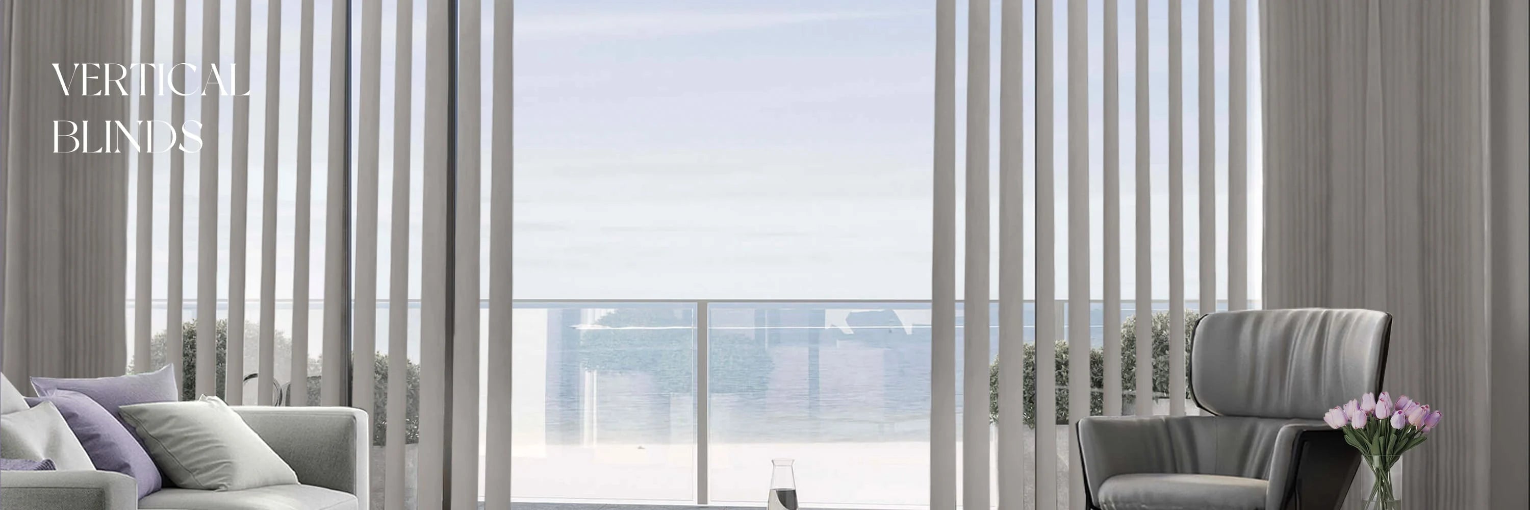 Living room with vertical blinds and a view of the swimming pool.