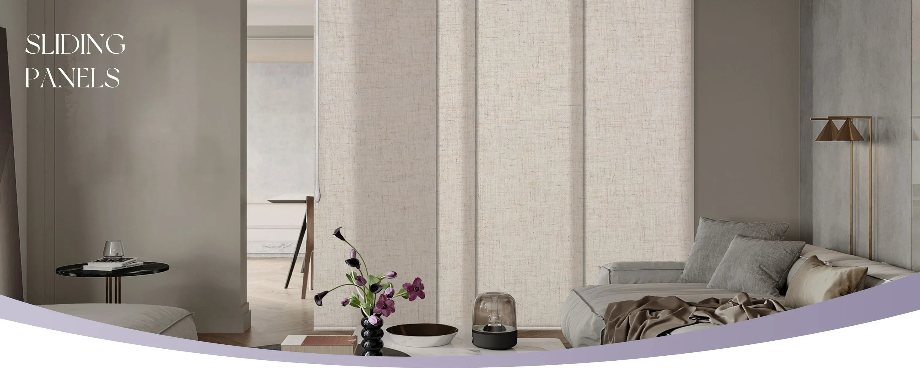 Modern interior design with sliding panels and decorative elements.