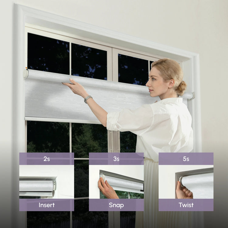 Woman installing a no-drill roller blind with step-by-step instructions displayed below.