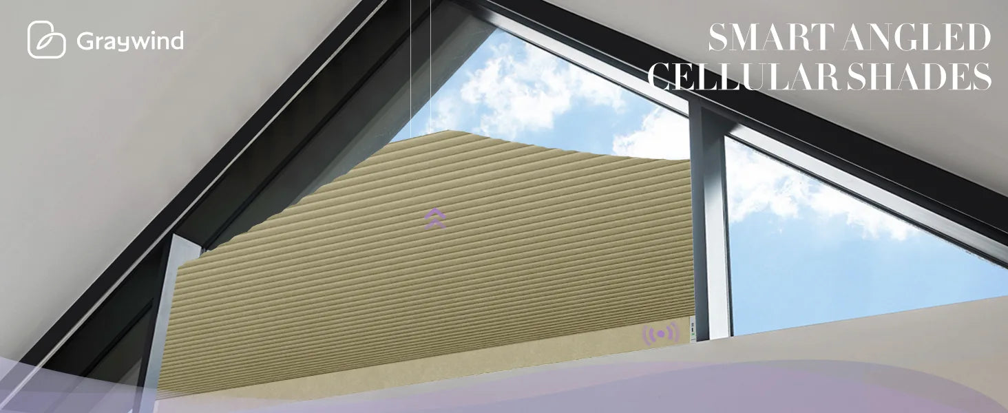 Smart Angled Cellular Shades with a clear sky background