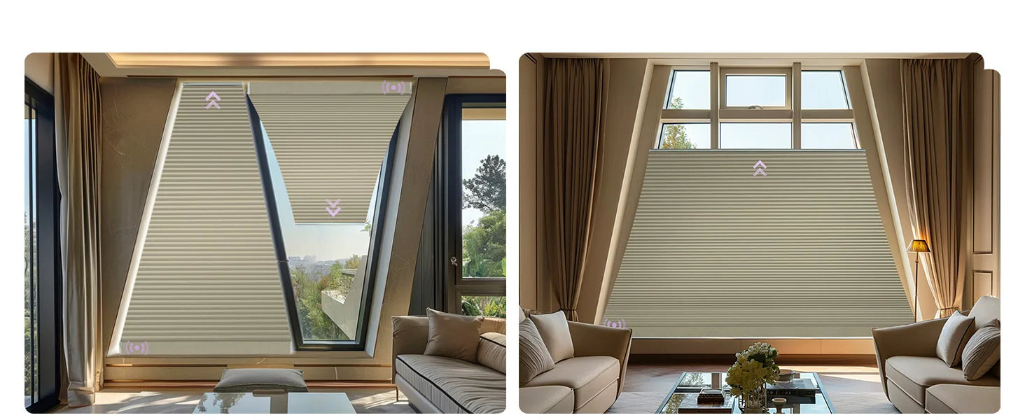 Smart Isosceles Trapezoid Cellular Shades in different rooms setting with a view of the outside.