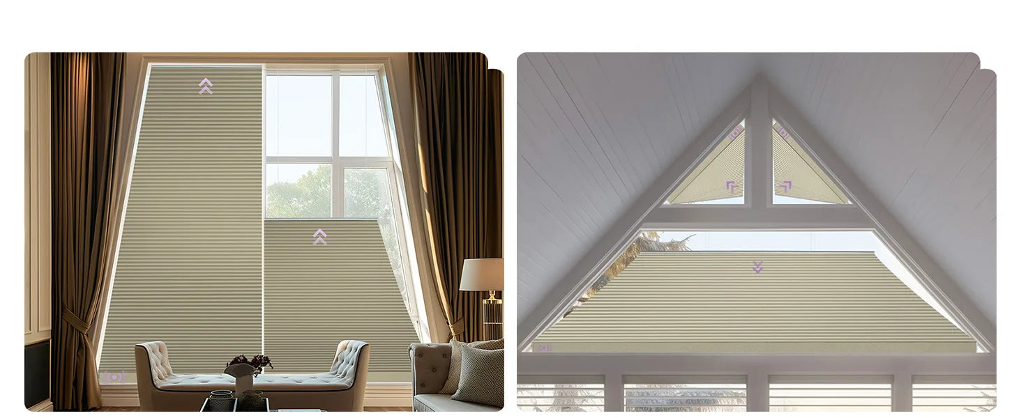 Two viewers of odd shade blinds in two rooms.
