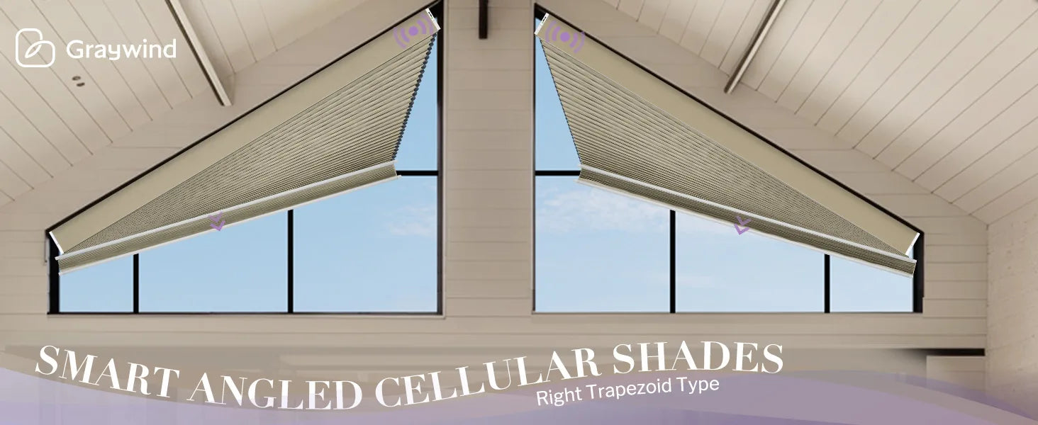 Smart Right Trapezoid Cellular Shades in a modern interior setting with 'Graywind' branding.
